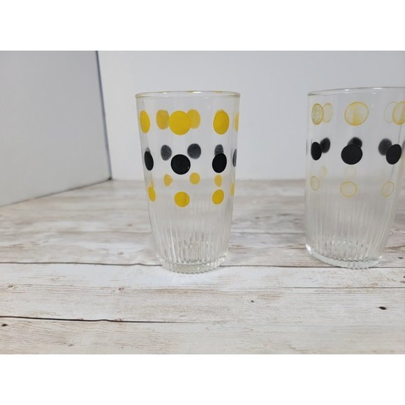 1950s Hazel Atlas Polka Dot Tallboy Glasses Anchor Hocking Polka Dots Yellow Blk - Picture 2 of 8